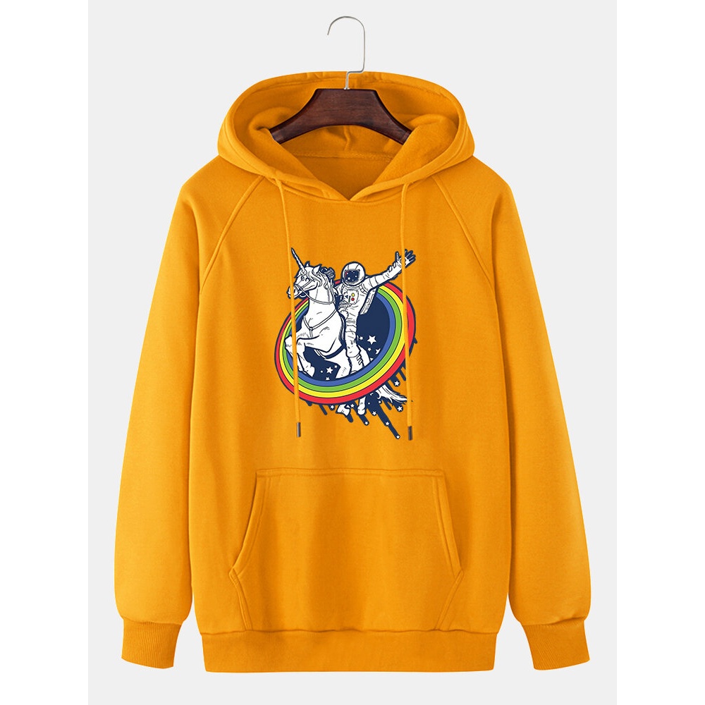 Mens 100% Cotton Deisgn Horse & Figure Print Kangaroo Pocket Long Raglan Sleeves Hoddies - Yellow XL