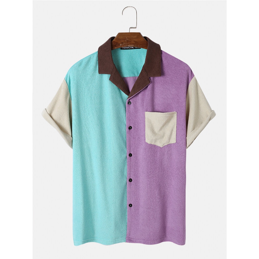 Mens Casual Towelling Patchwork Button Up Shirts - Purple S