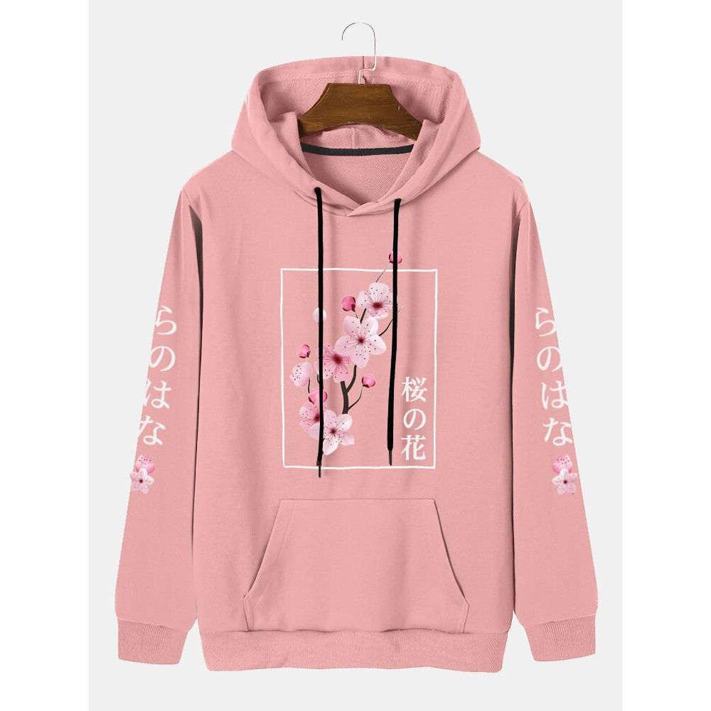 Men Cherry Japanese Letter Print Kangaroo Pocket Drawstring Hooded Sweatshirt - Black S