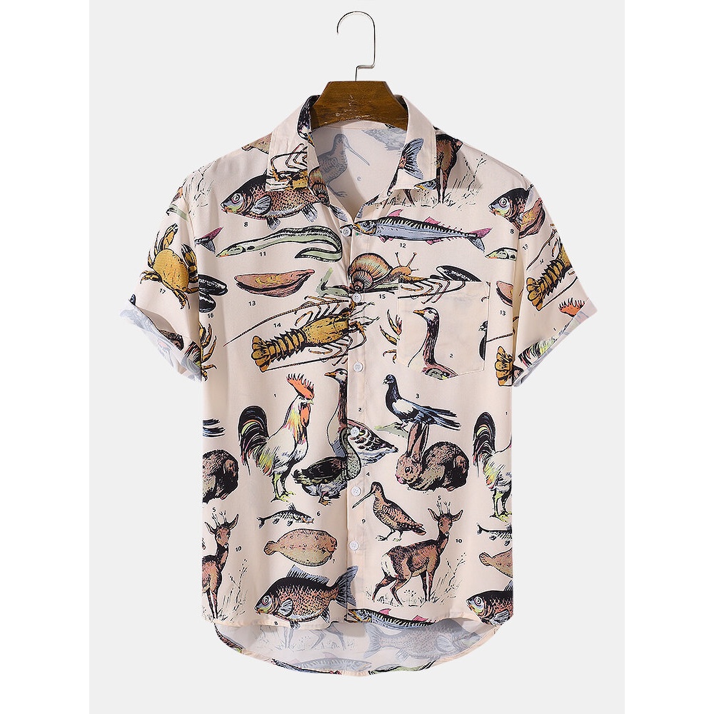 Mens Multi Animal Cartoon Short Sleeve Casual Shirts - White S
