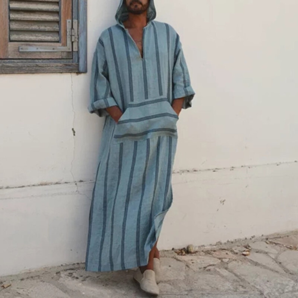 INCERUN Stripe Printing Front Pocket V Neck Hooded Loose Long Dress Tops Shirts for Men - M Blue