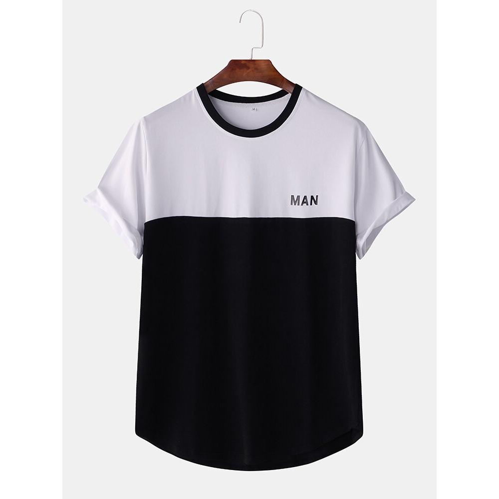 Men Loose Letter Print Color Block Short Sleeve T-Shirts - S Black
