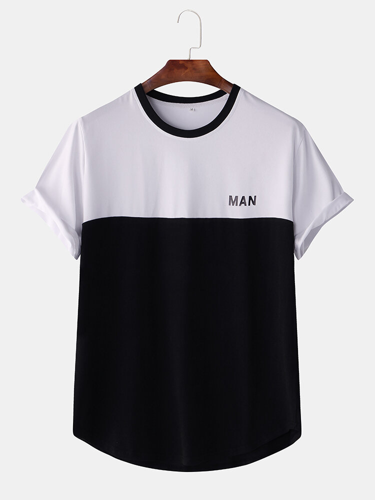 Men Loose Letter Print Color Block Short Sleeve T-Shirts - S Black