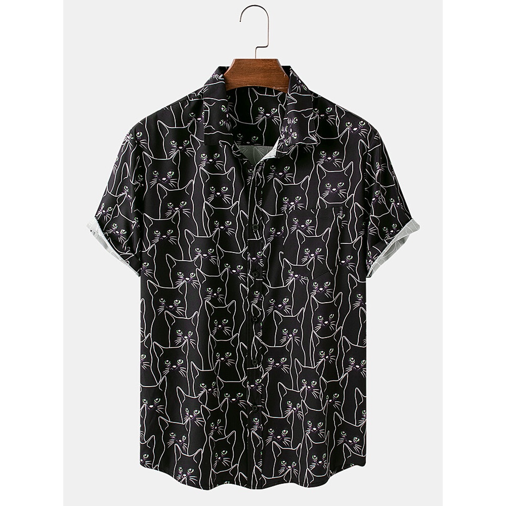 Mens Cartoon Black Cat Print Light Casual Short Sleeve Shirts - Black M