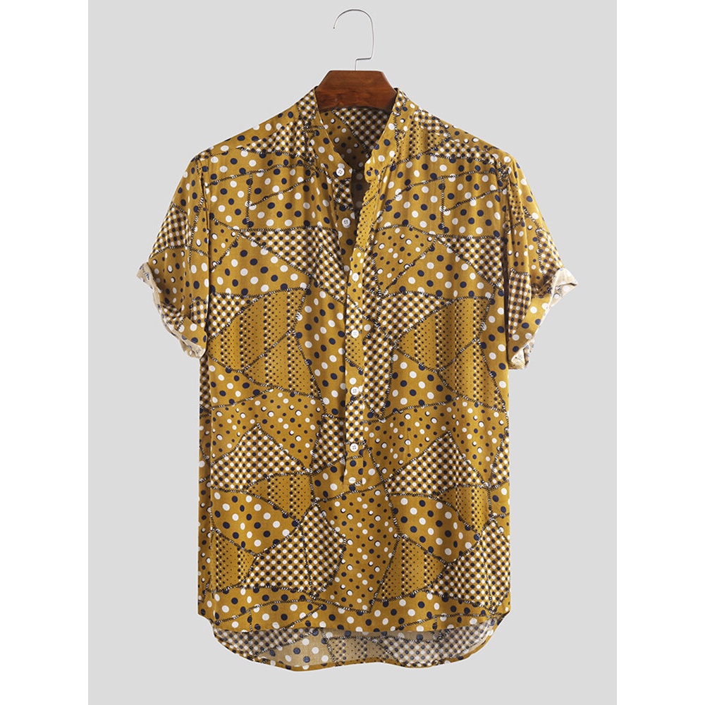 Men Irregular Pattern Polka Short Sleeve Henry Shirts - M Navy