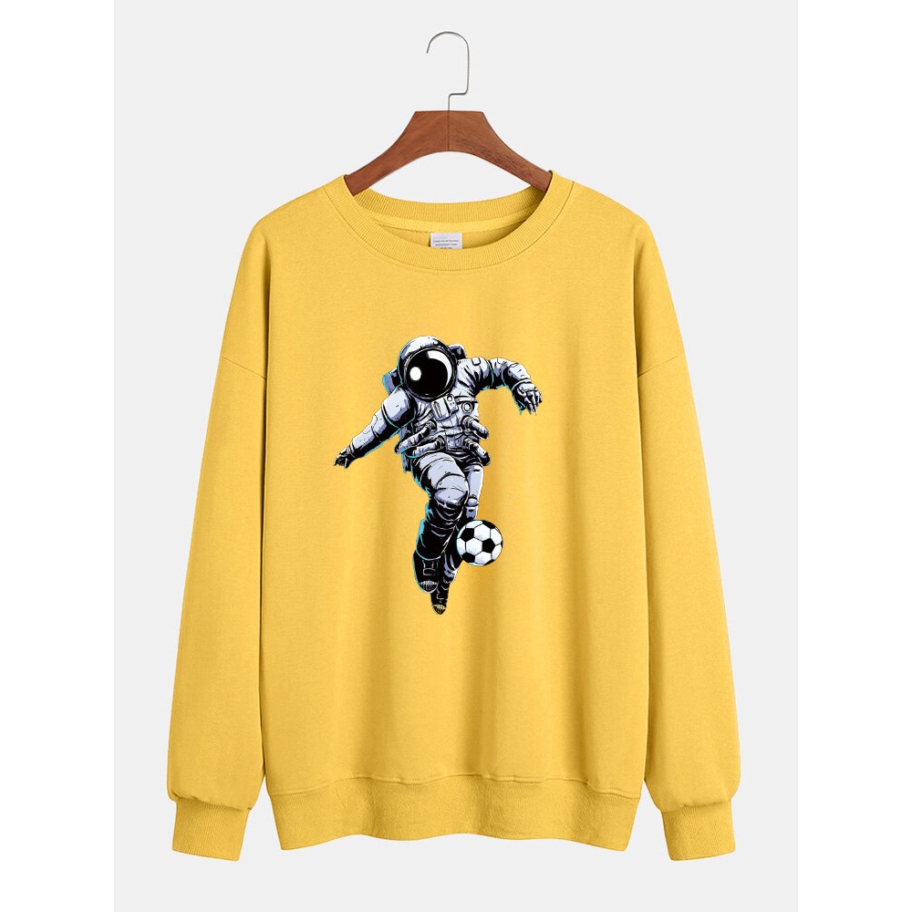 Mens Cotton Astronaut Chest Print Relaxed Fit Crew Neck Pullover Sweatshirts - Purple L