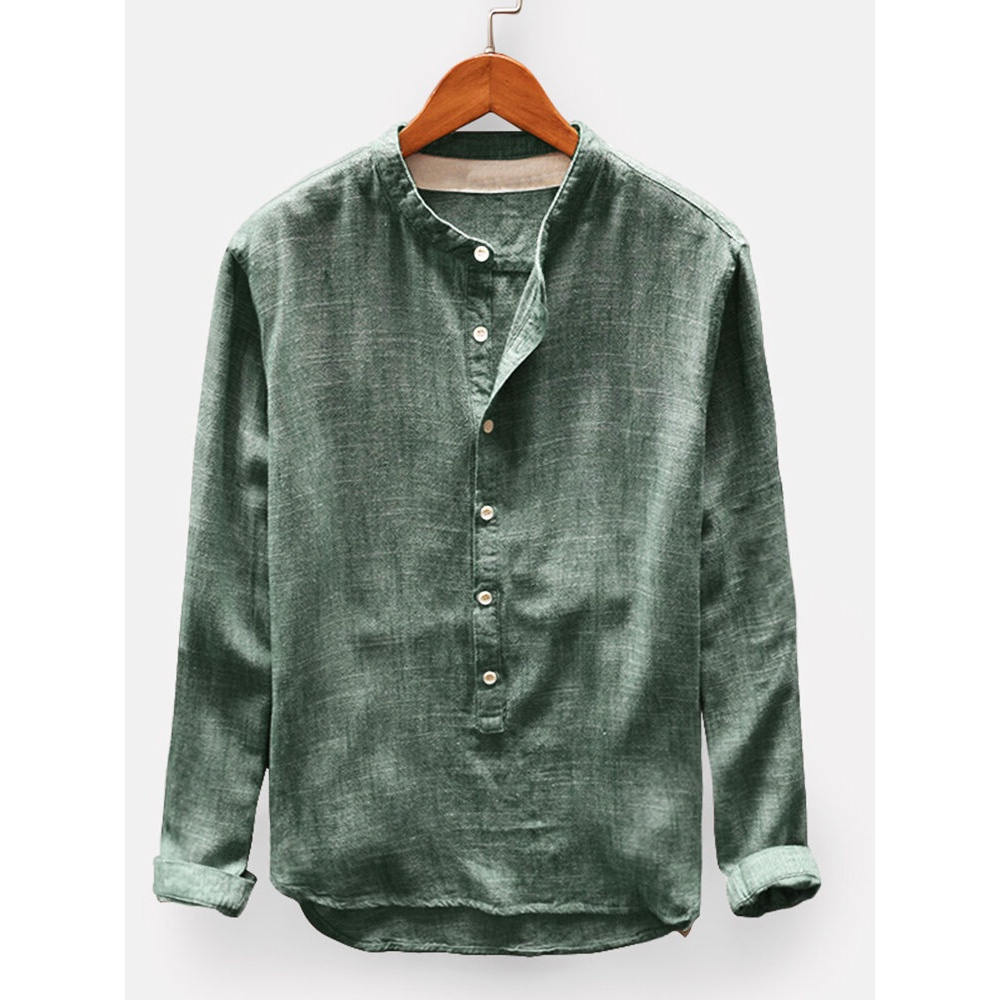 Mens 100% Cotton Vintage Solid Color Button Fly Stand Collar Long Sleeve Casual T-shirts - 3XL Dark Green