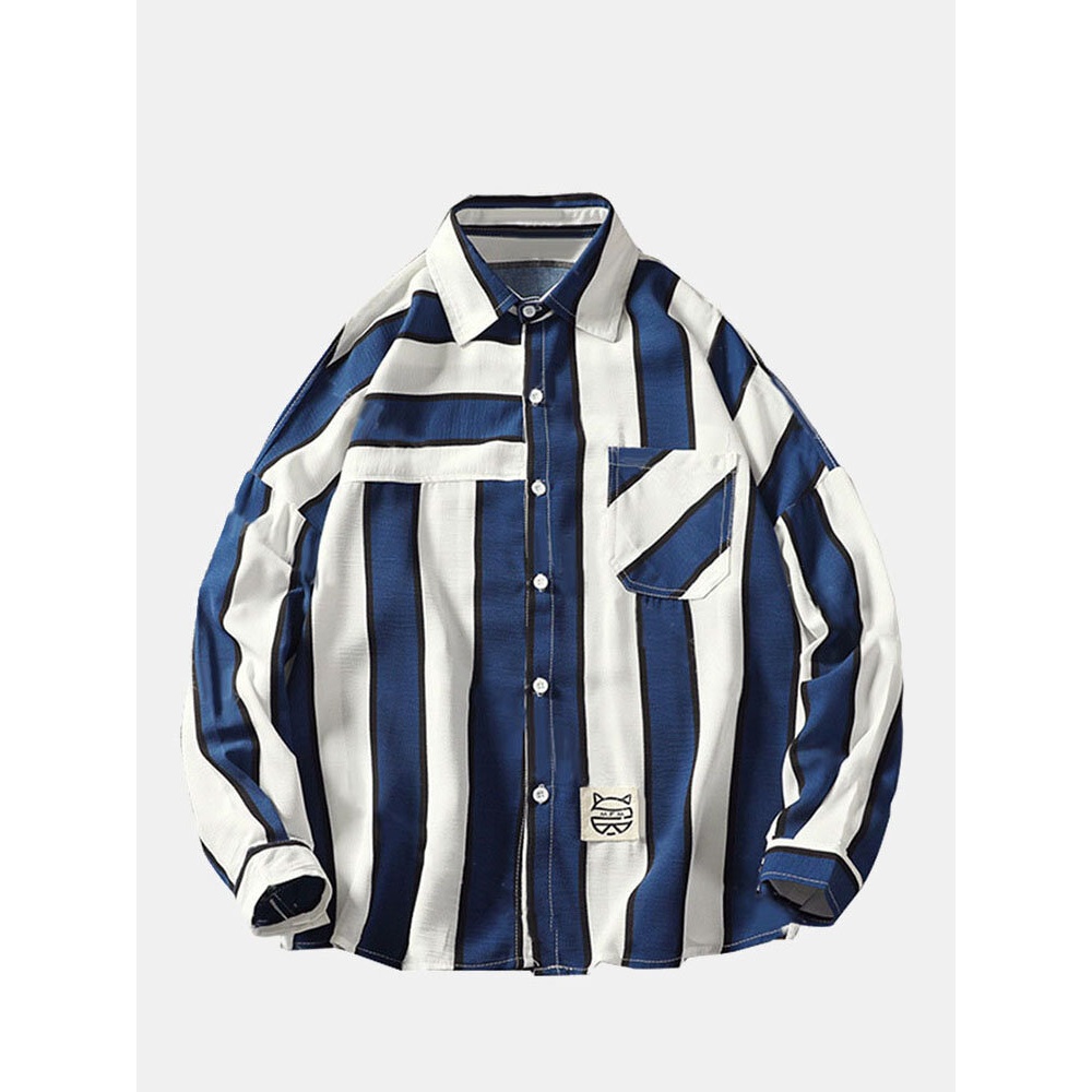 Men's Fashion Port Wind Striped Shirts - L Dark Blue