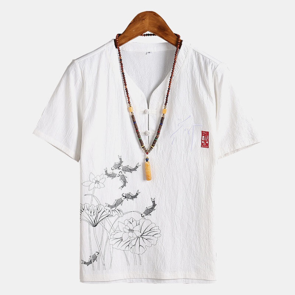 Mens Summer Fish Printed Chinese Style V Neck Casual T-Shirt - S White