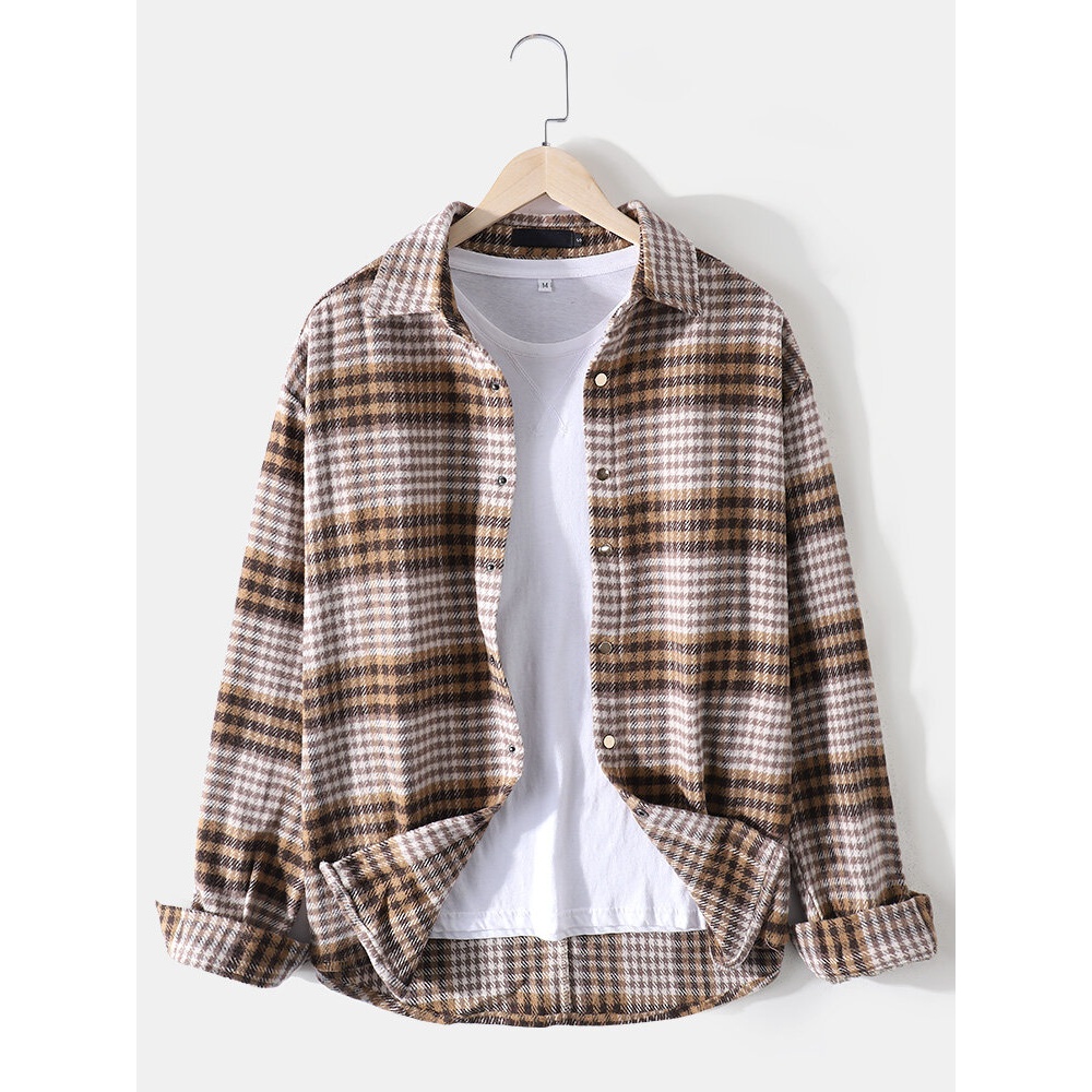 Mens Plaid Print Lapel Button Up Long Sleeve Vintage Shirts - Yellow S