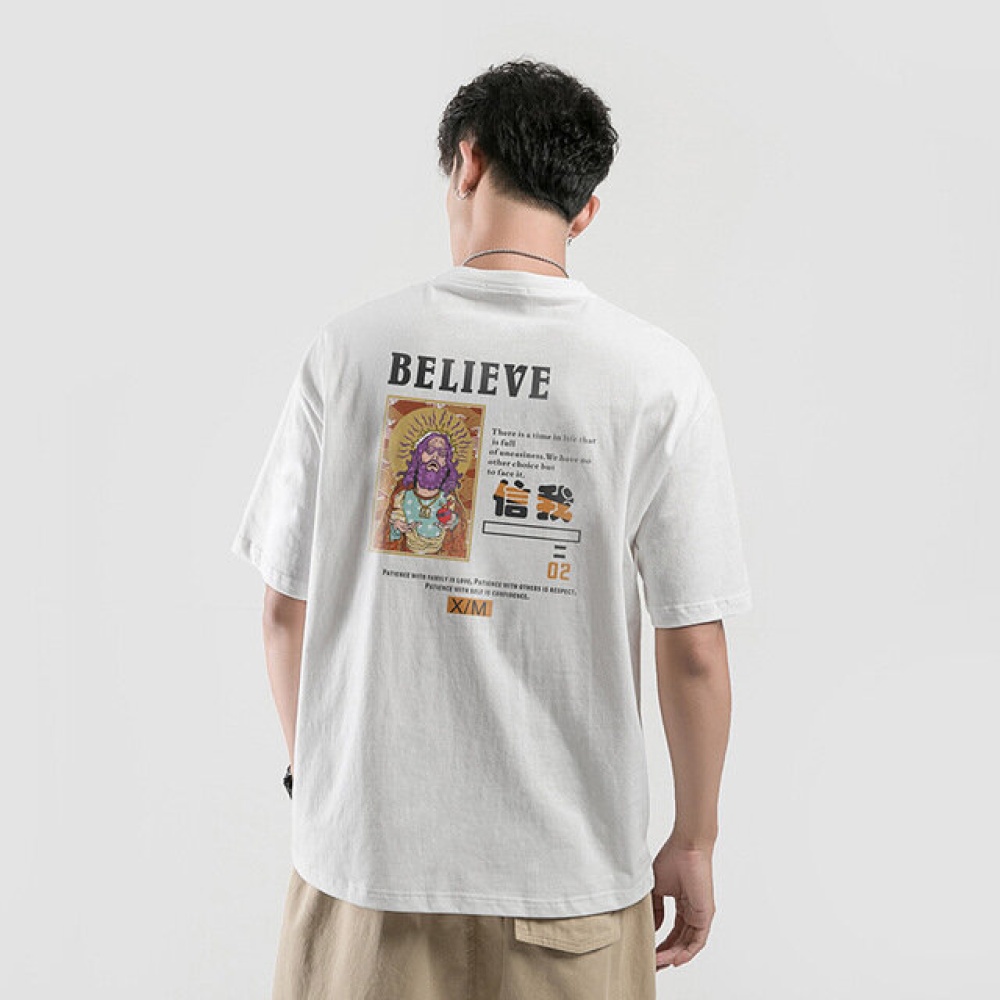 Men Short-sleeved T-shirt Round Neck Oversize Letter I Print - L White