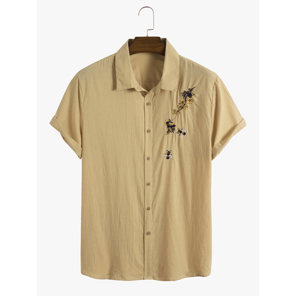 Mens Cotton Flower Embroidery Casual Shirts - Khaki S