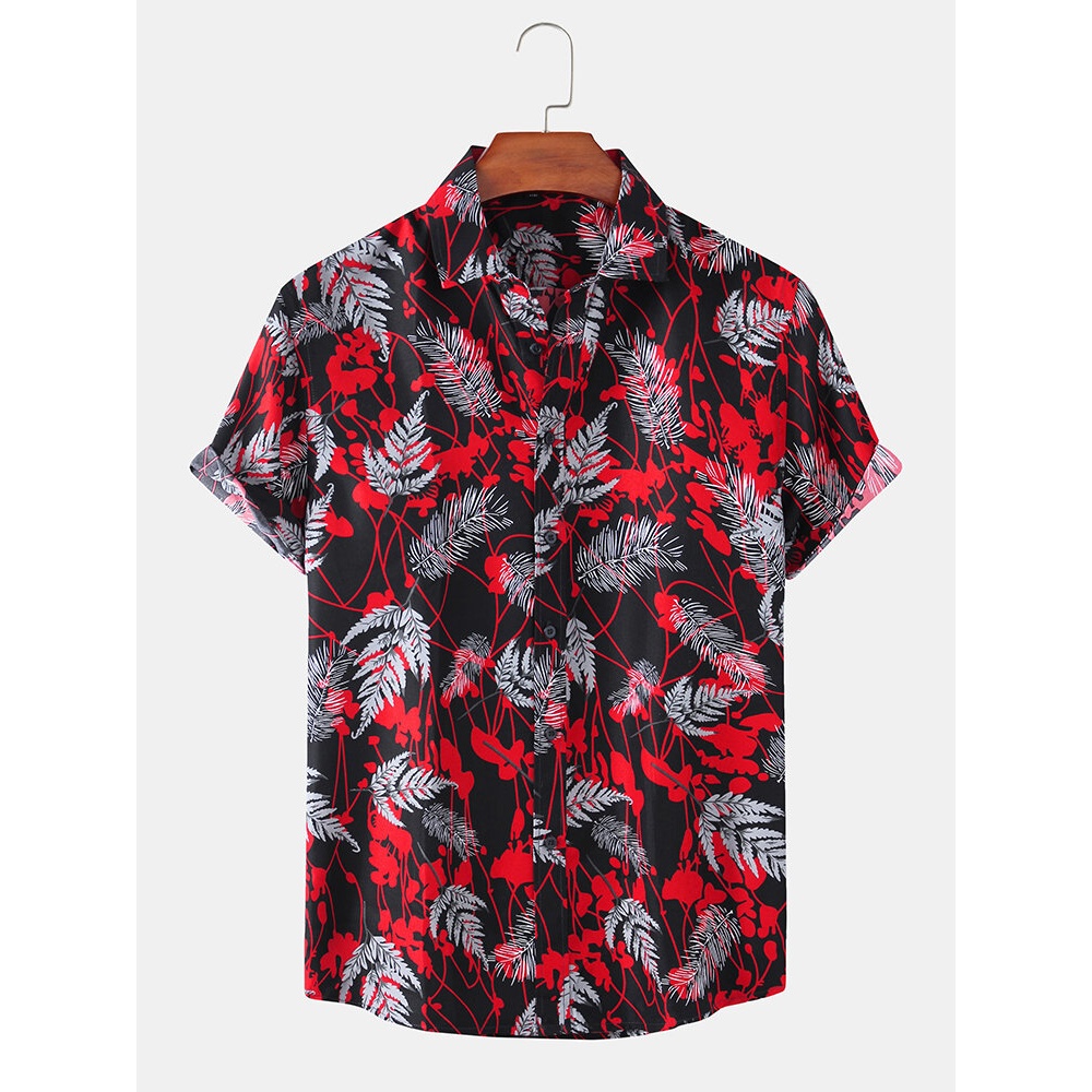 Cotton Plant Print Mens Breathable Lapel Collar Short Sleeve Shirts - Red M