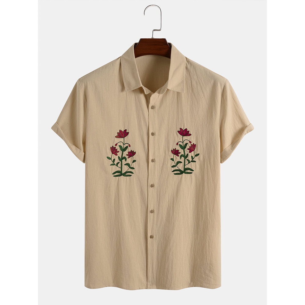 Mens Rose Embroidery 100% Cotton Casual Shirts - Khaki S