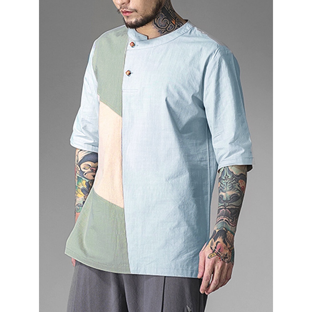 Mens Color Block 100% Cotton Stand Collar Breathable Casual T-Shirts - White 2XL