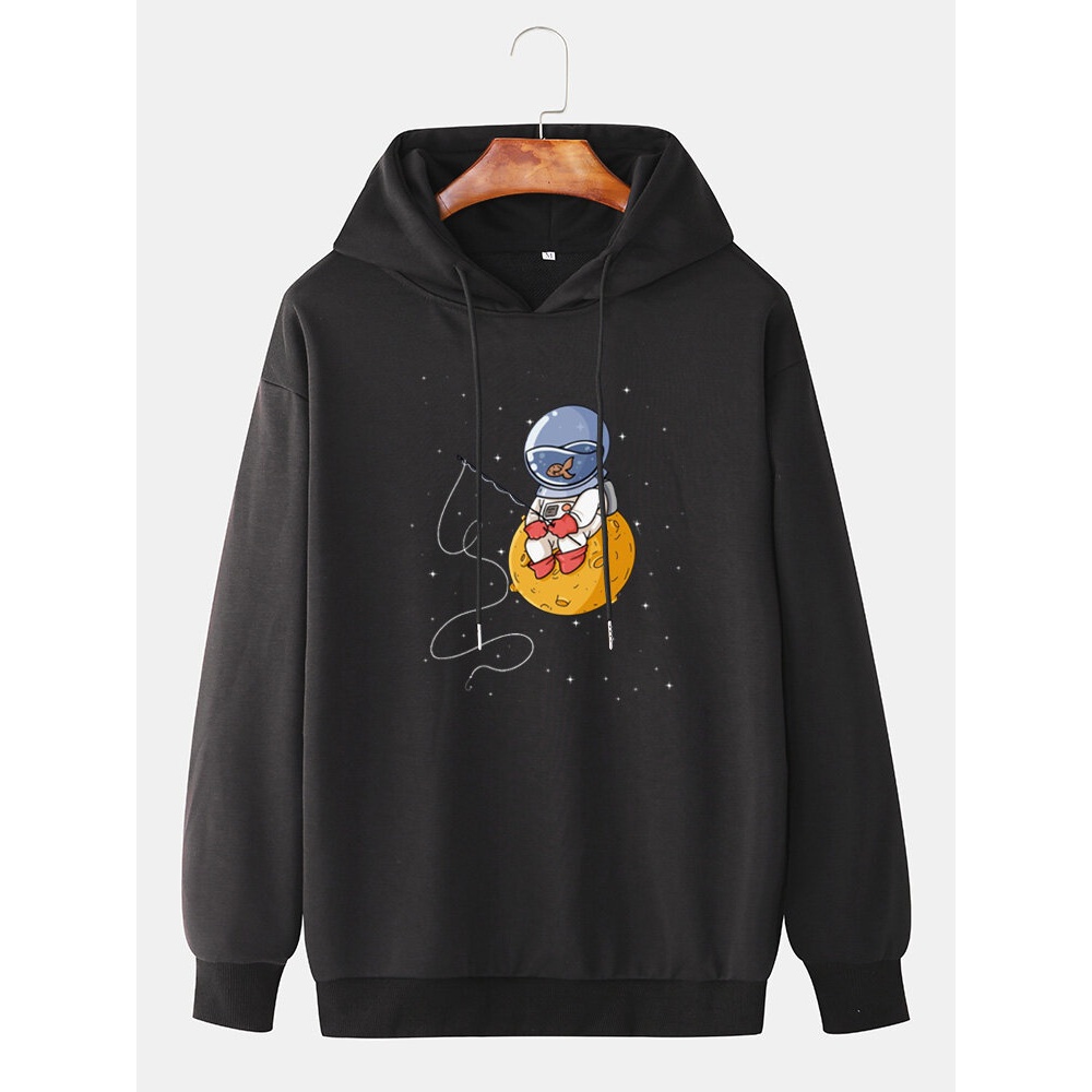 Mens Cartoon Astronaut Print Long Sleeve Cotton Cute Hoodies - Red XL