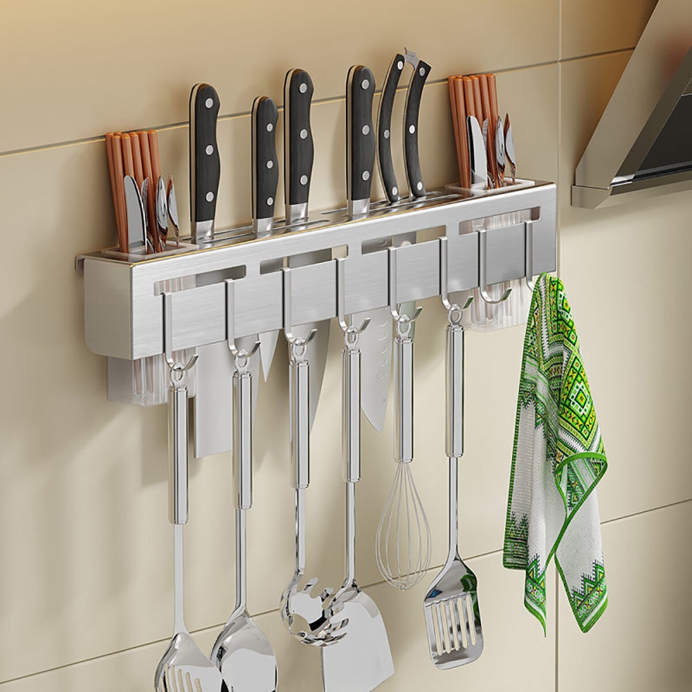 Utensil Storage Shelf Holder Stainless Steel Kitchen Household Multifunctional Storage Rack Wall-mounted Pot Cover Shovel Spoon Rack - 50cm - Image 2