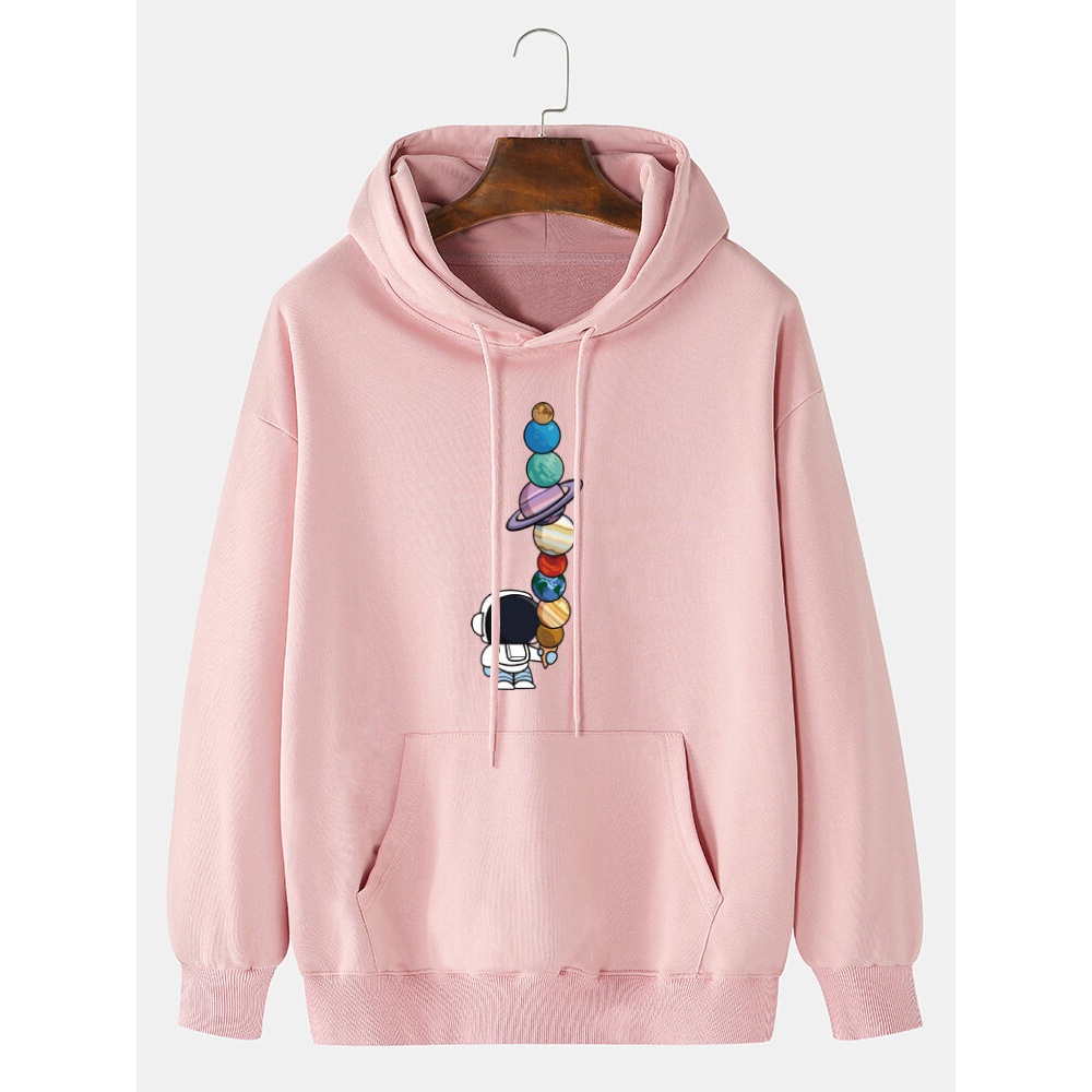 Mens 100% Cotton Astronaut Planet Print Drop Sleeve Pouch Pocket Drawstring Hoodies - Grey S