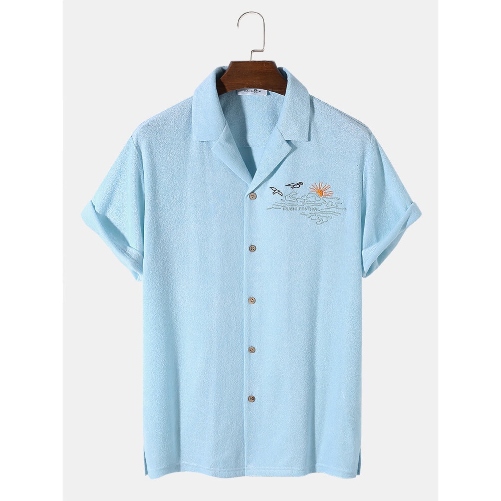 Mens Towelling Embroidery Pattern Casual Shirts - Yellow S