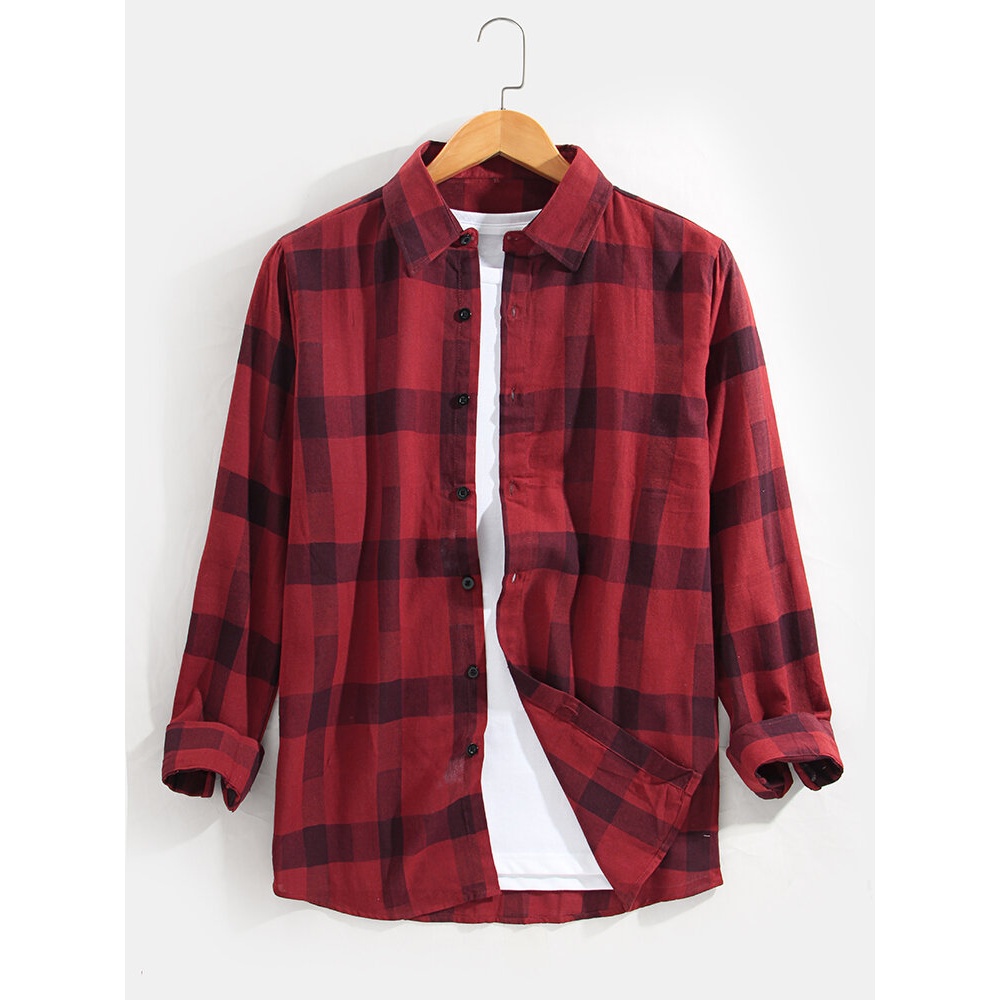 Mens Plaid Print Lapel Button Up Long Sleeve Cotton Shirts - L Black