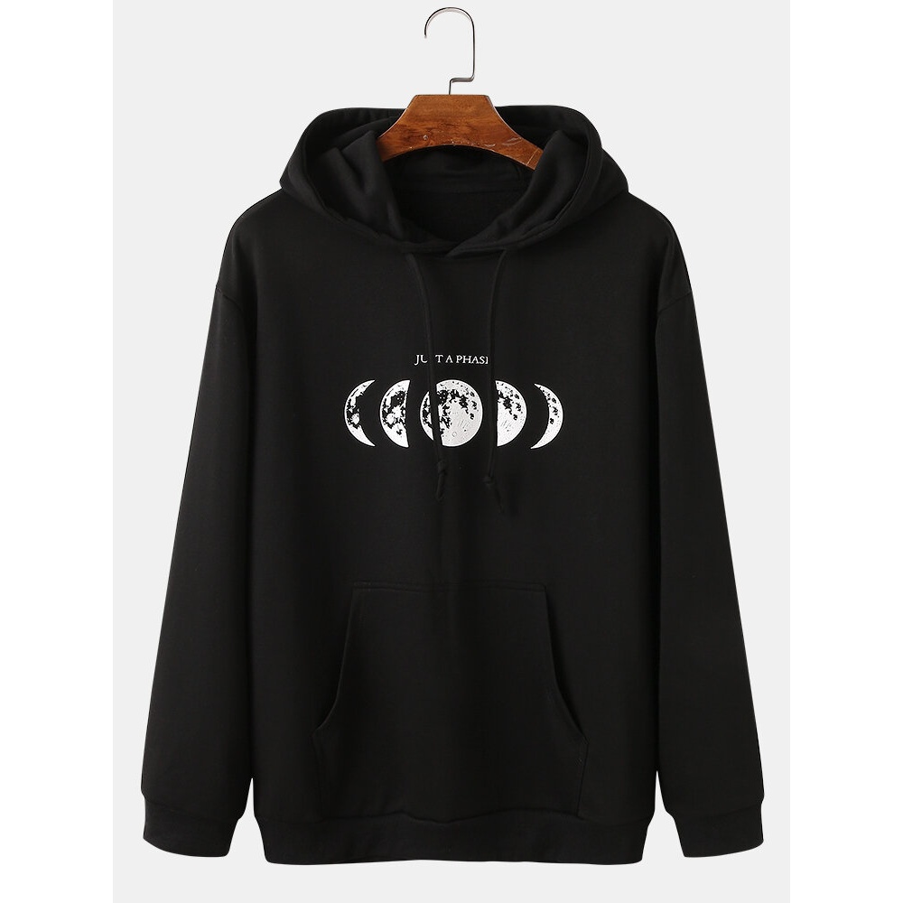 Mens Moon Graphic Printed Relaxed Fit Drawstring Hoodies - Black S