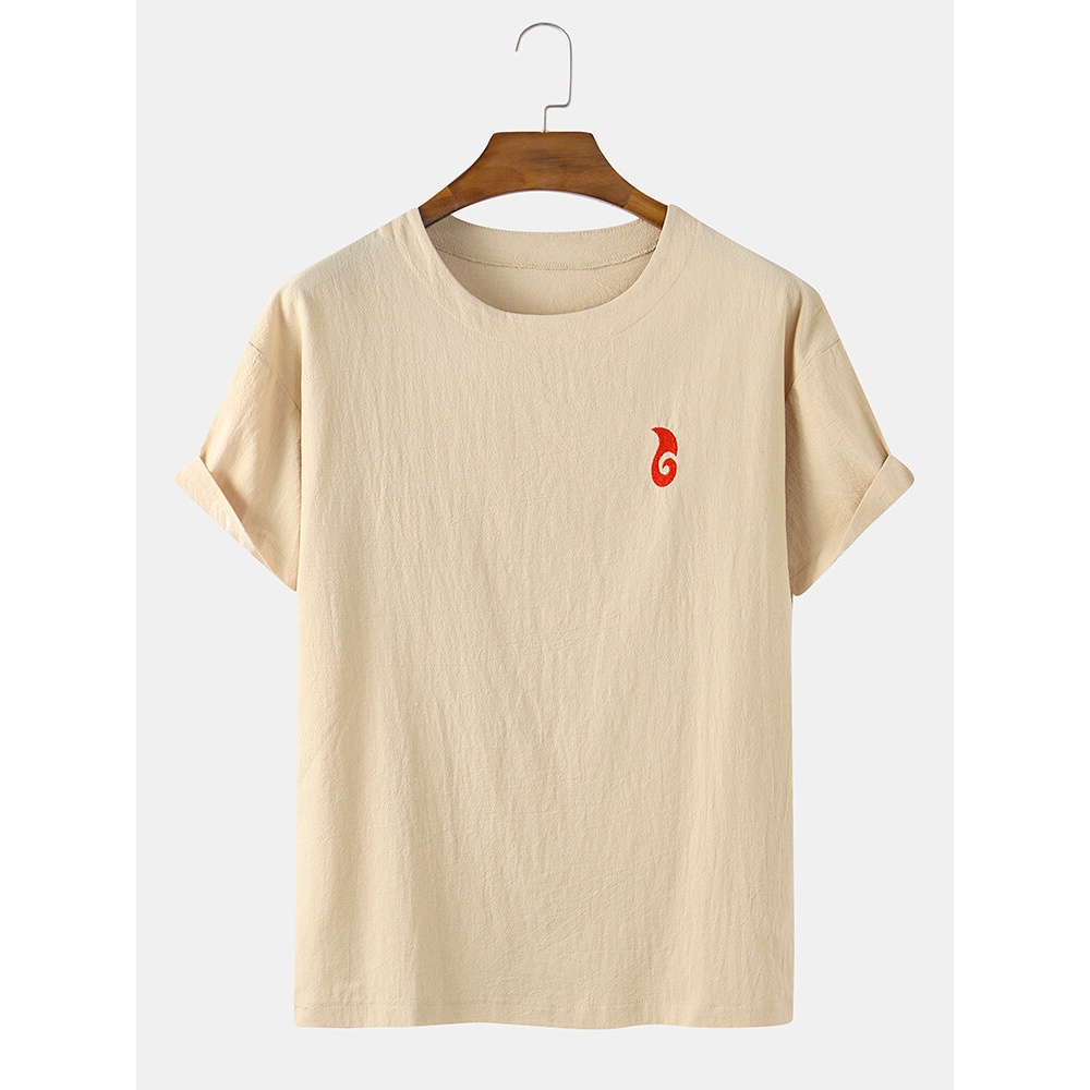 Red Embroidery Cotton Casual Round Neck Short Sleeve T-Shirts - Off White XL