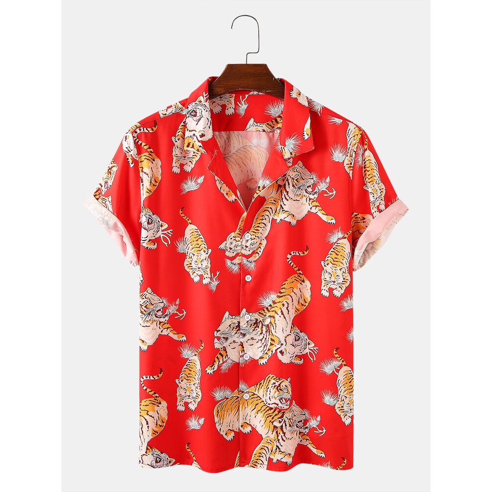Mens Cartoon Tiger Animal Print Short Sleeve Causal Shirts - Red XL