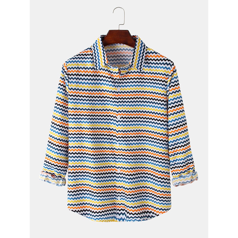Mens Colorful Chevron Print Long Sleeve Button Up Lapel Design Shirts - Yellow S