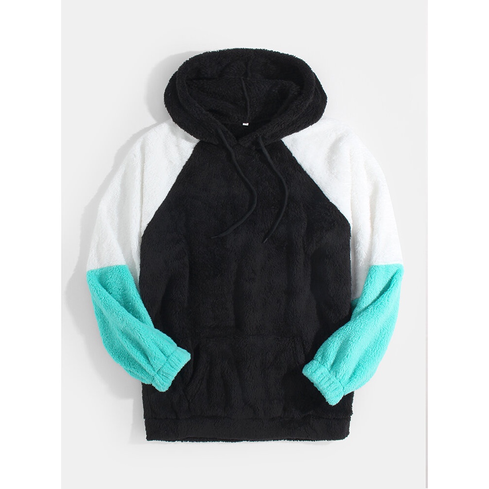 Mens Patchwork Raglan Sleeves Plush Fluffy Teddy Hoodies With Pocket - Black XL
