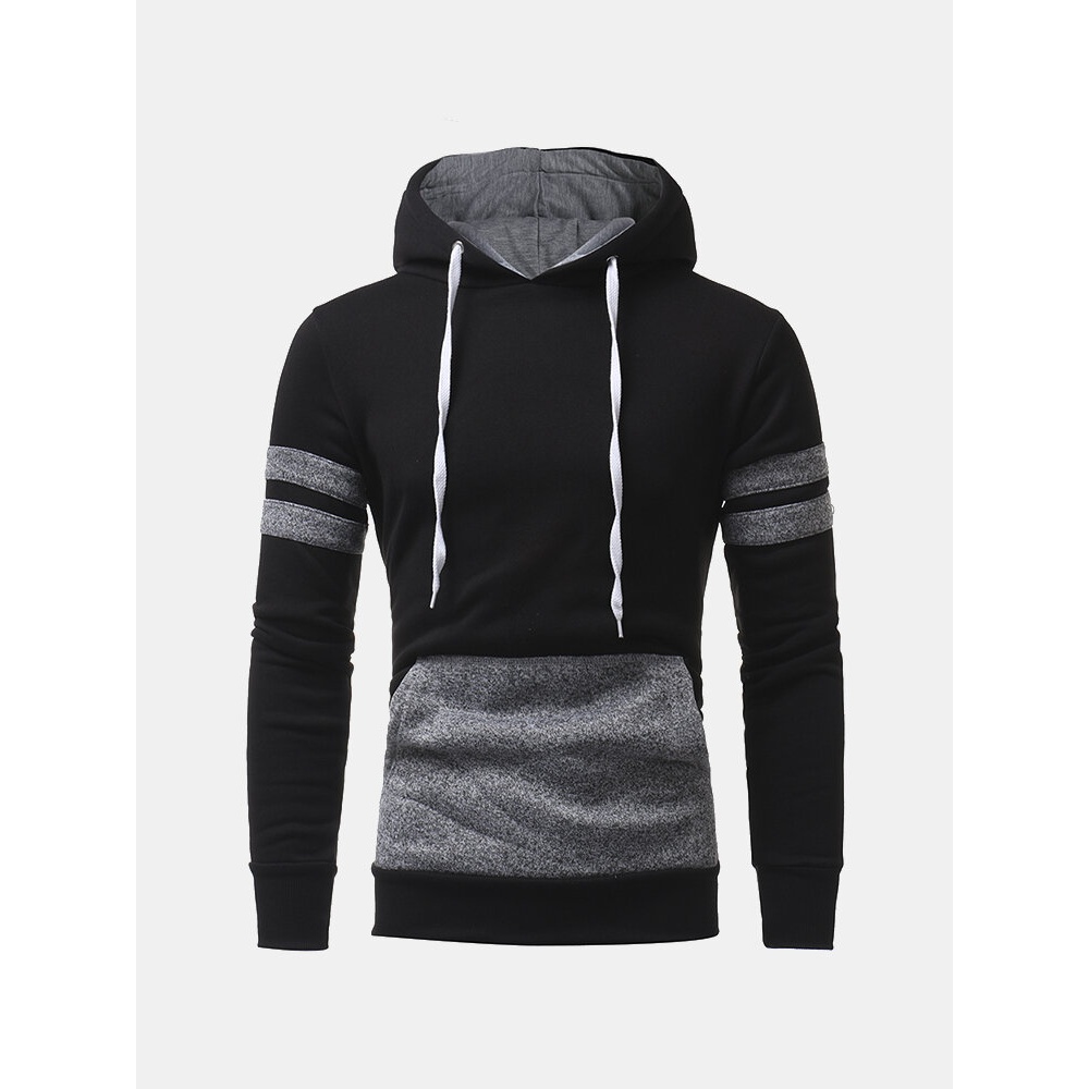 Mens Solid Patchwork Kangaroo Pocket Long Sleeve Cotton Drawstring Hoodies - Dark Grey L