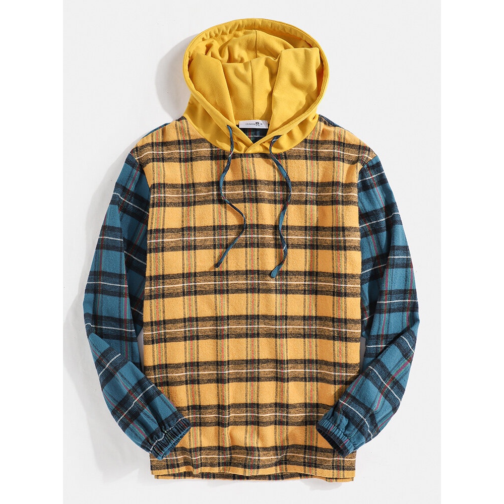 Mens 100% Cotton Vintage Plaid Patchwork Warm Long Sleeve Hoodies - S Blue