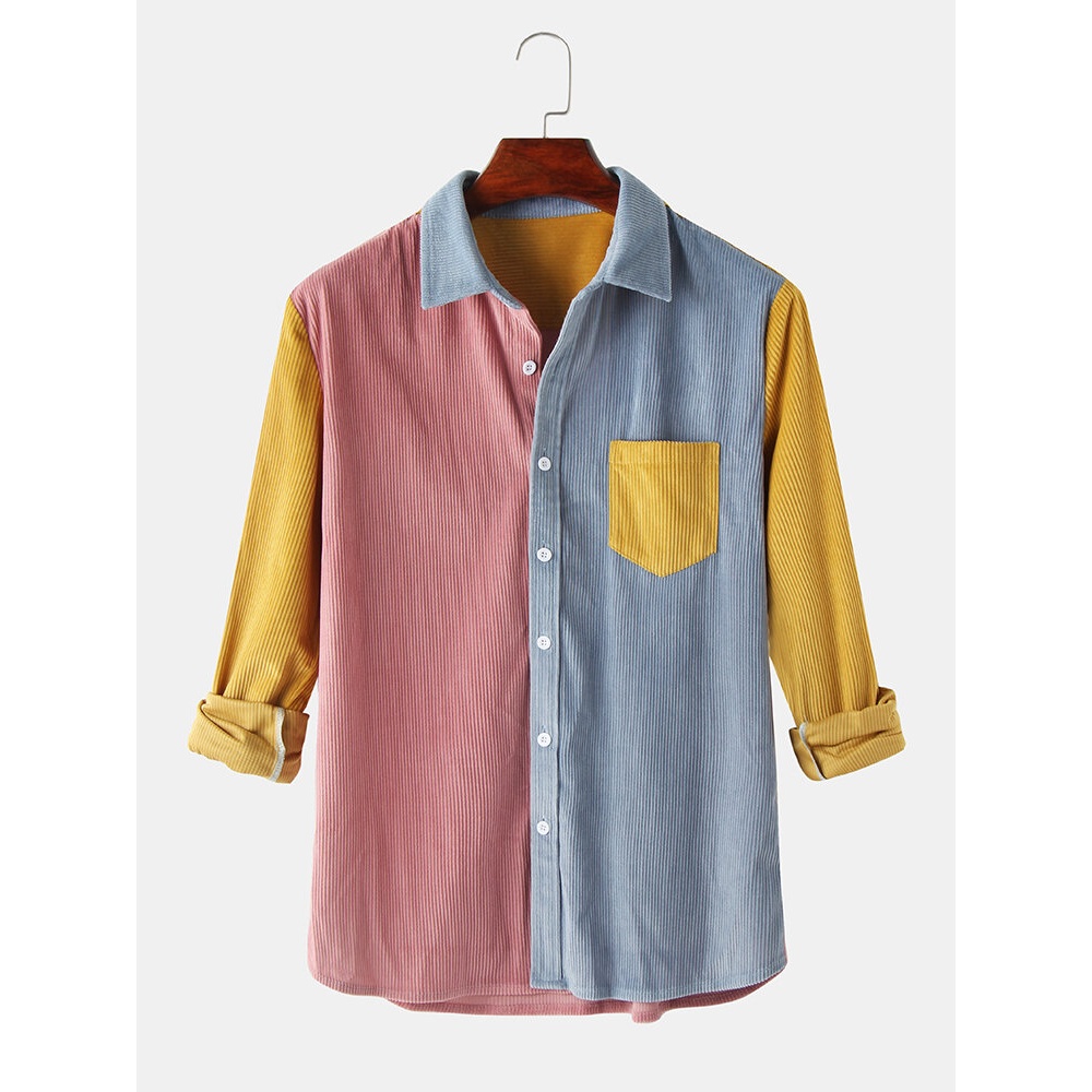 Mens Corduroy Patchwork Color Block Relaxed Fit Long Sleeve Shirts With Pocket - Pink S