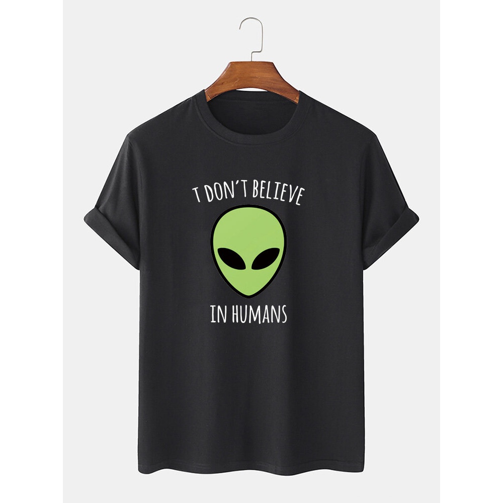 Mens 100% Cotton Alien Print Crew Neck Short Sleeve T-Shirts - Black M