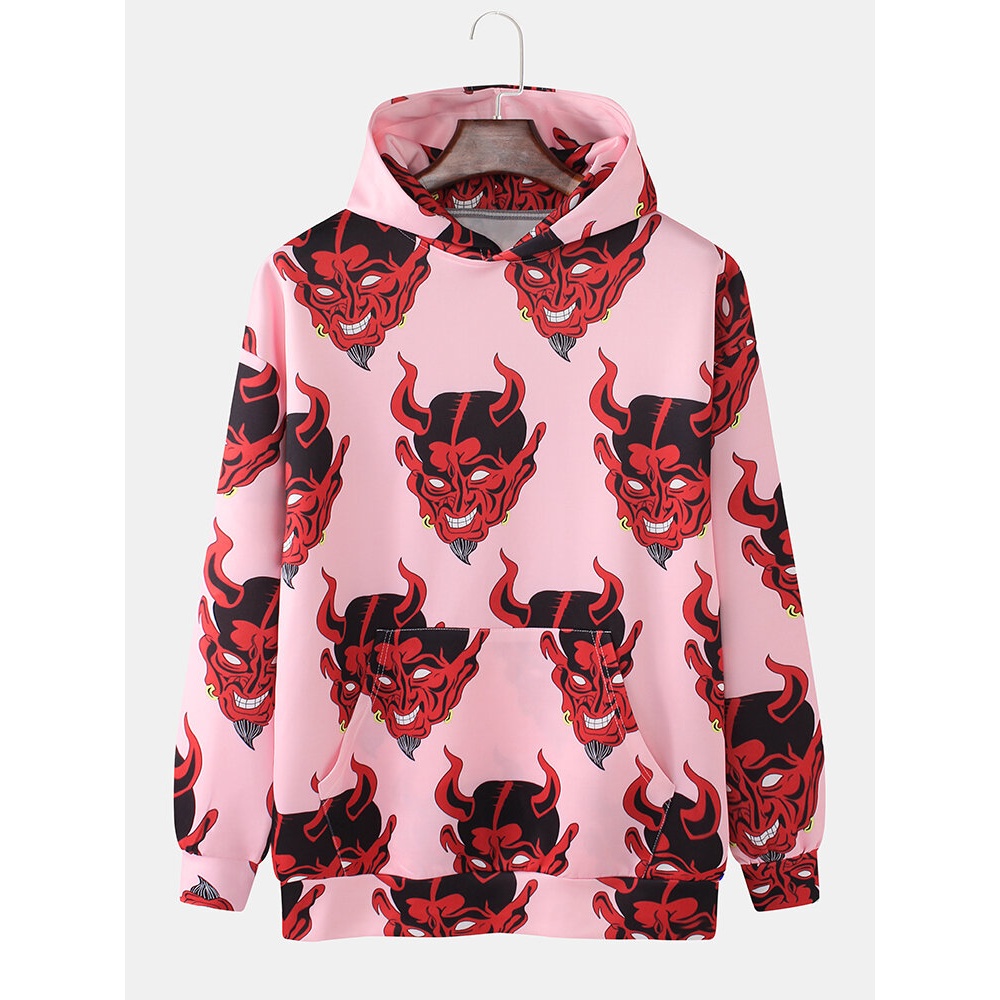 Mens Demon Print Kangaroo Pocket Long Sleeve Hoodies - Pink M