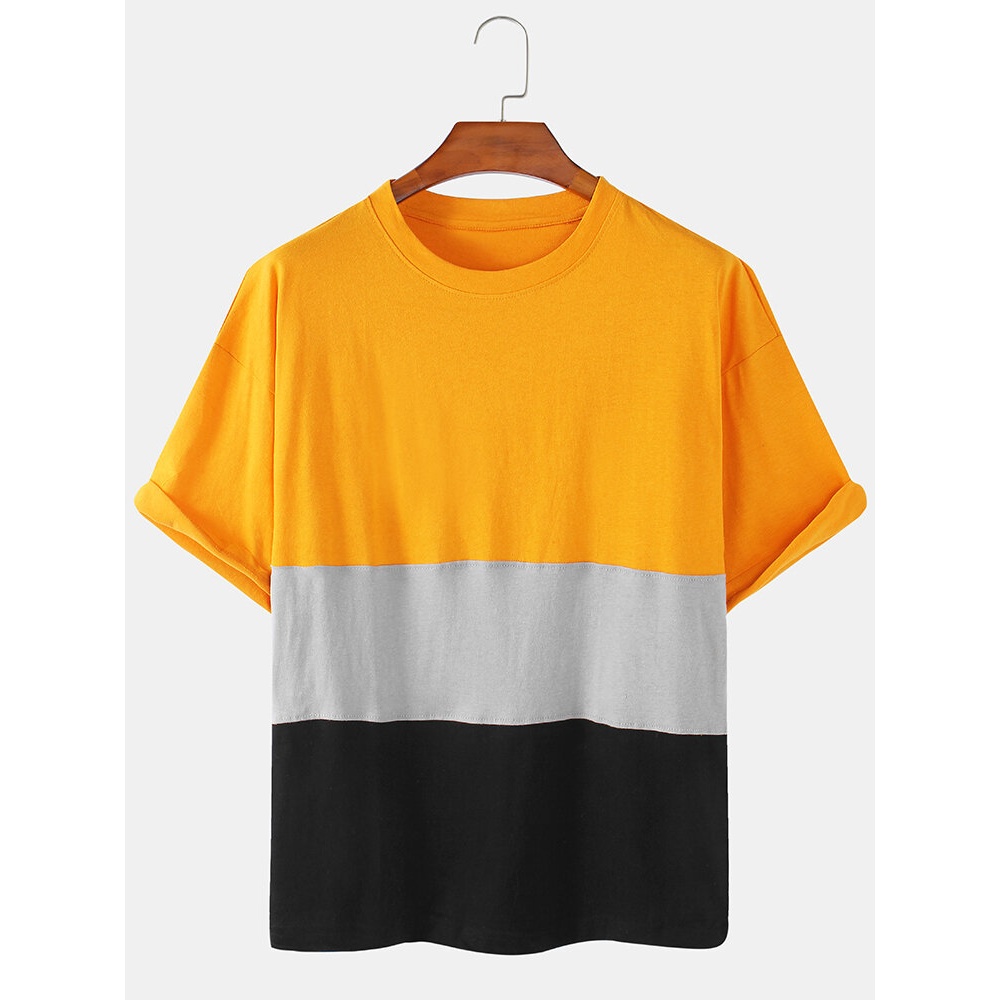 Mens Cotton Colorblock Breathable Loose Casual Round Neck T-Shirts - Grey L