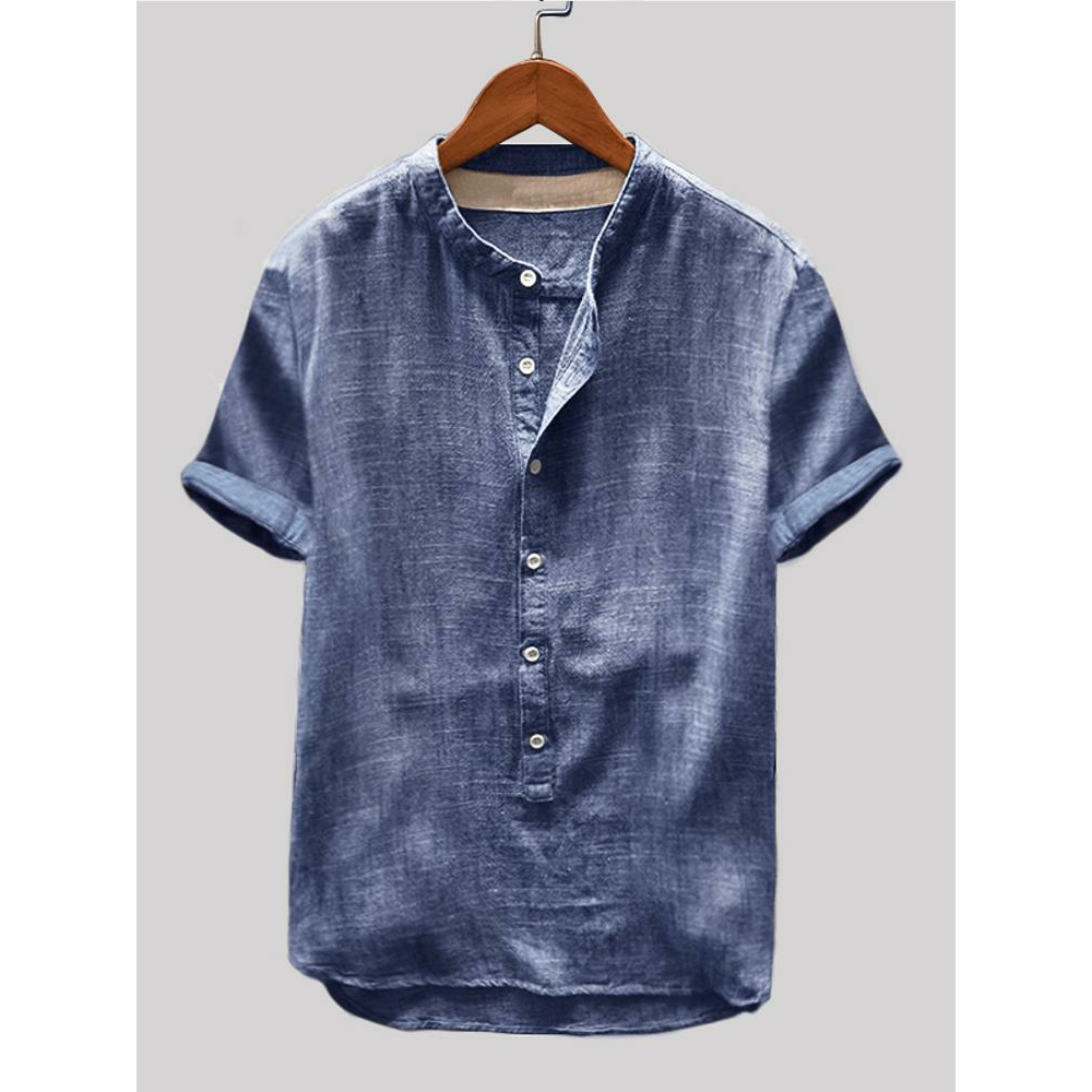 Mens Vintage Cotton Shirts Stand Collar Solid Color Short Sleeve Loose Henley Shirts - M Blue