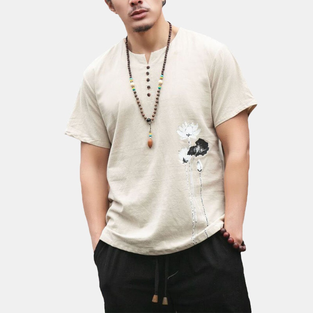 Men Ethnic Retro style Linen Large Size Short Sleeve - L Light Green