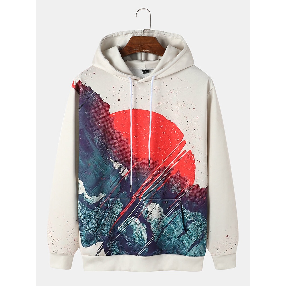 Mens Casual Landscape Sunset Drawstring Hoodies With Kangaroo Pocket - Khaki L