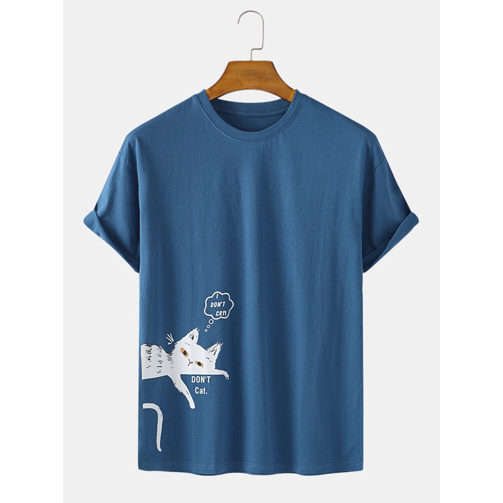 Cotton Cartoon Cat Printed Cotton Crew Neck Basic Short Sleeve T-Shirts - Blue S