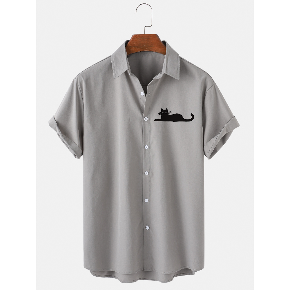Mens Cute Cat Print Lapel Cotton Casual Short Sleeve Shirts - White S