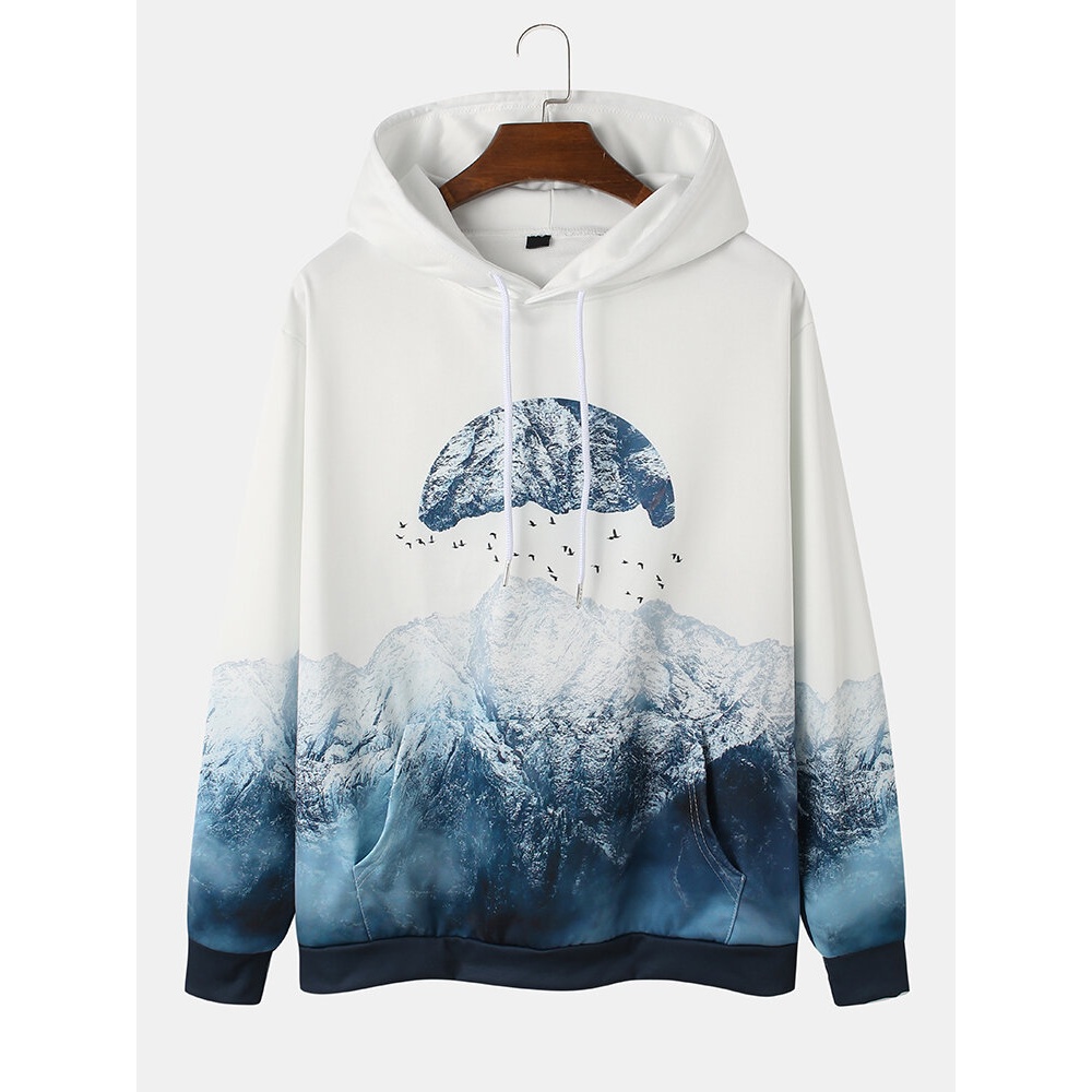 Mens Design Mountain Landscape Print Pocket Drawstring Hoodies - White M