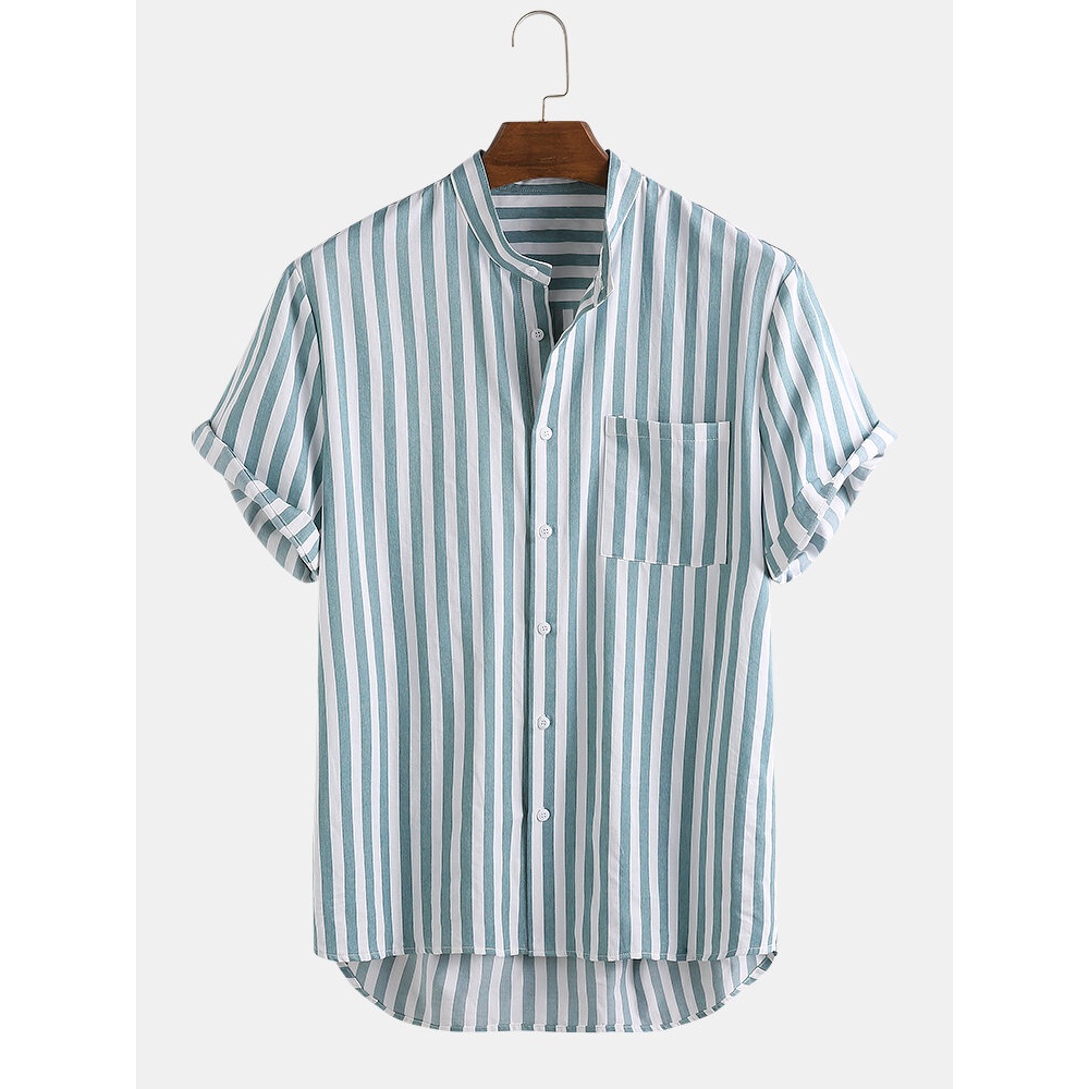 Mens Cotton Stripe Stand Collar Chest Pocket Short Sleeve Casual Shirts - Navy XL