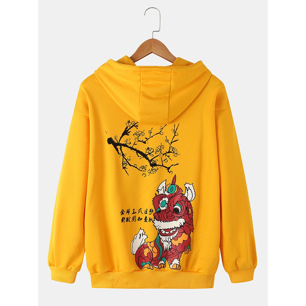Mens Chinese Style Cartoon Dragon Print Casual Loose Pullover Hoodie - White M