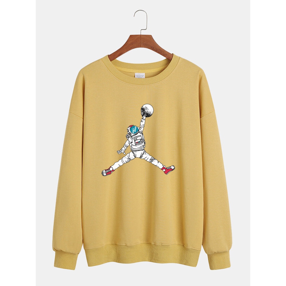 Funny Cartoon Astronaut Print Mens Cotton Drop Shoulder Long Sleeve Casual Sweatshirts - Yellow L