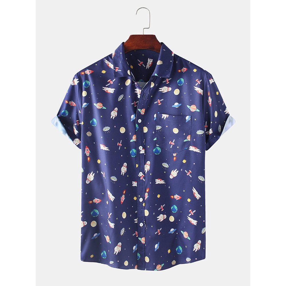Mens Space Cartoon Print Turn Down Callor Short Sleeve Shirts - Navy M