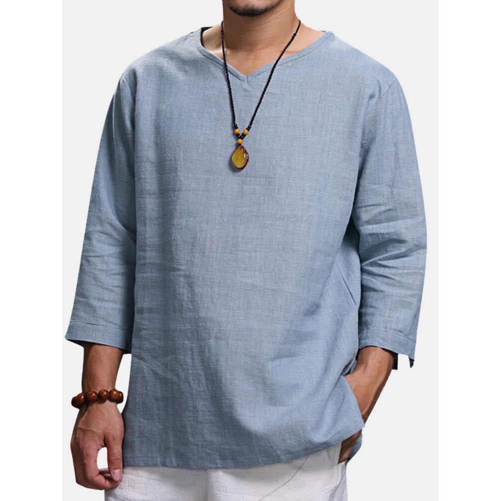 Ethnic Casual Men's Long-sleeved V-neck Solid Color Large Size Loose T-Shirts - Creamy White 2XL