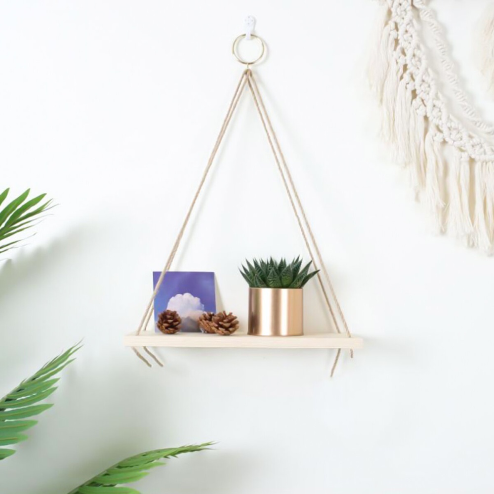 1/2/3 Tiers Storage Rack Wall Floating Shelves Rustic Wooden Hanging Rope Shelf Holder - 1 Layer - Image 2