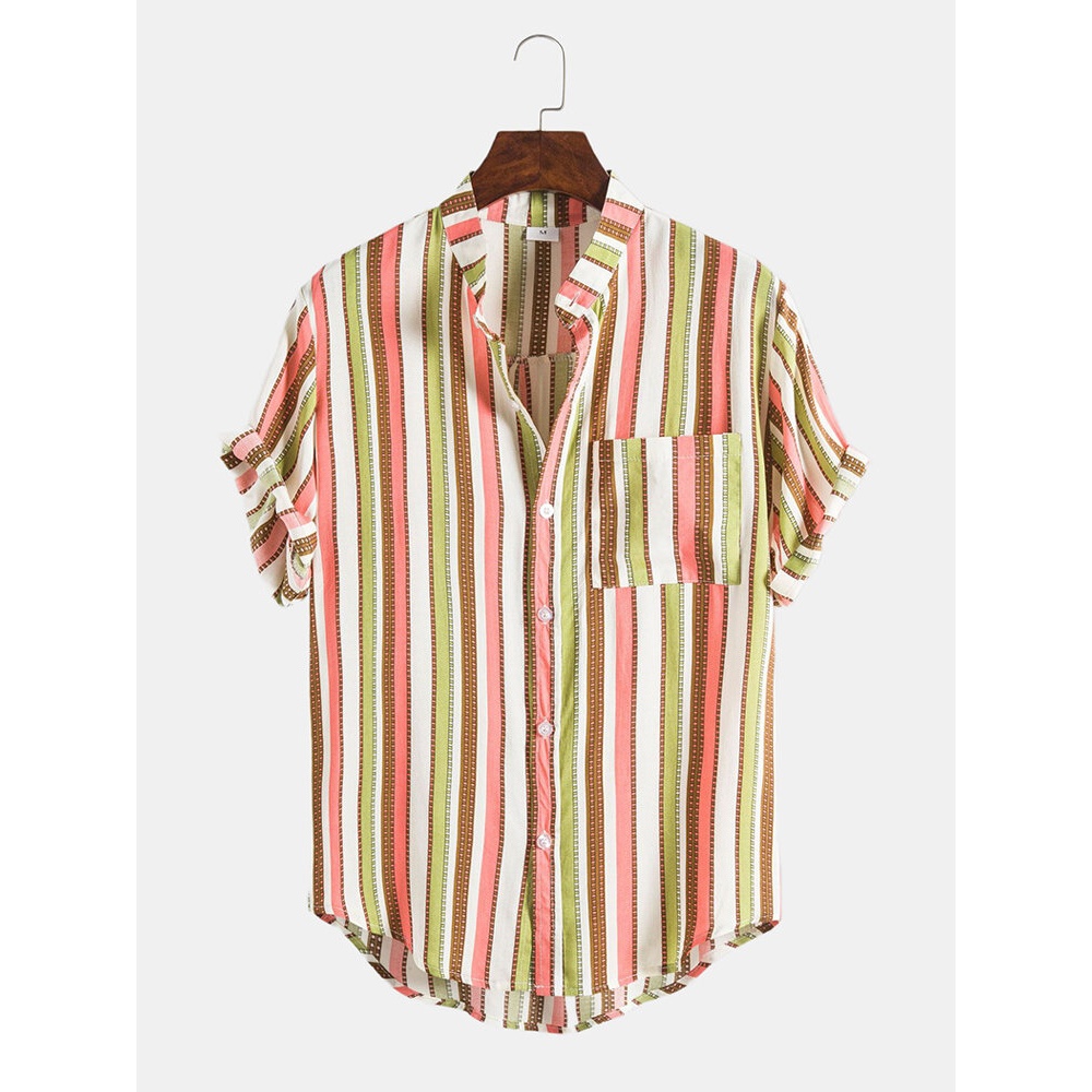 Mens Vertical Stripe Button Up Stand Collar Breathable Short Sleve Shirts - Green M