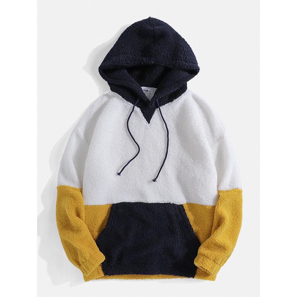 Mens Contrasting Color Patchwork Drop Shoulder Kangaroo Pocket Plush Hoodies - White S