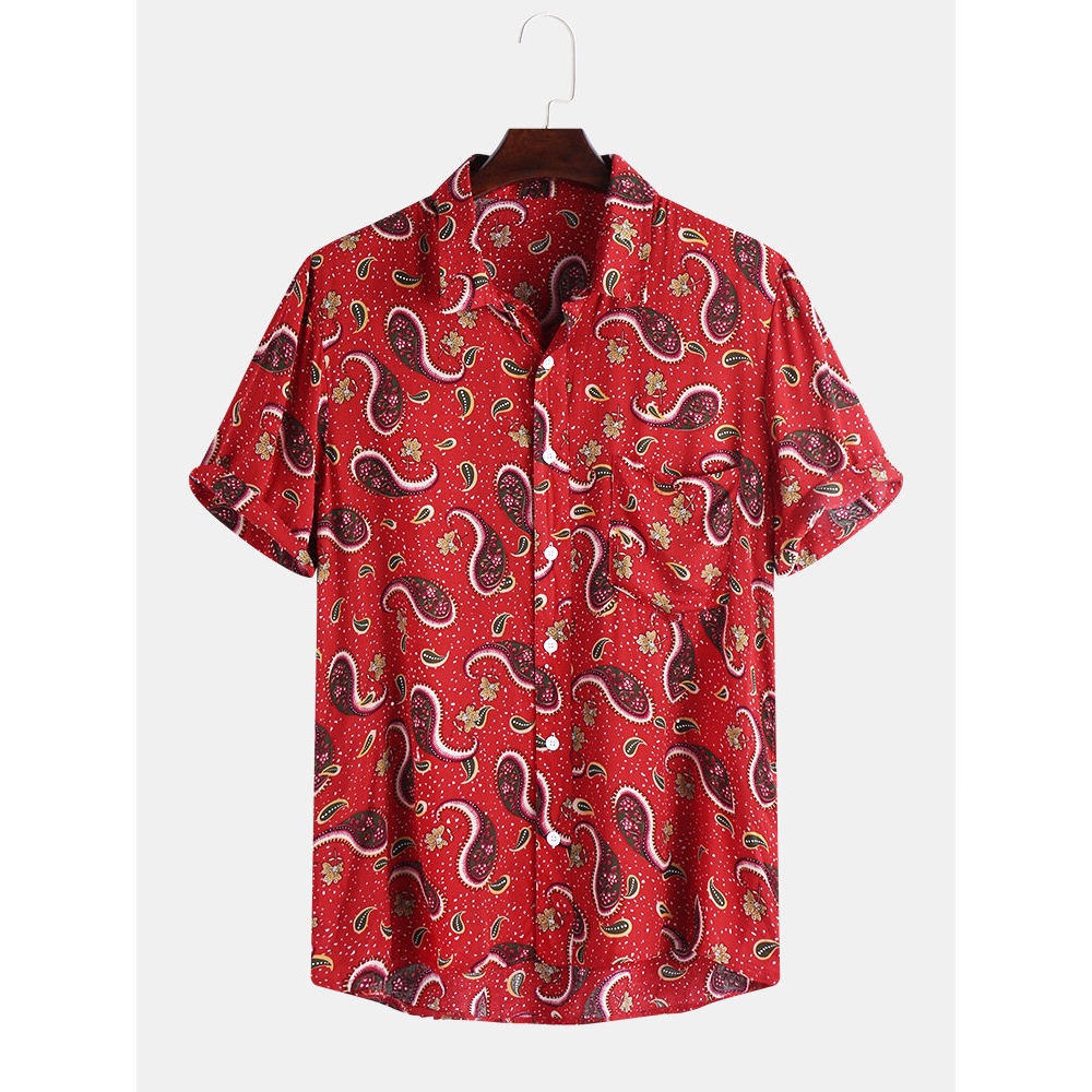 Mens Floral Printed Summer Short Sleeve Loose Hawaiian Shirts - M Red
